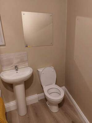 Combined shower/tub, free toiletries, hair dryer, towels