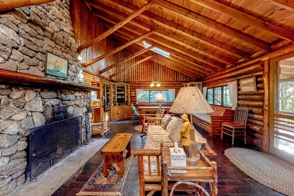 TV, fireplace, books