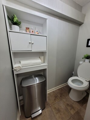 Bathtub, hair dryer, towels, soap