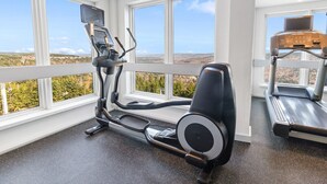 A gym with an elliptical machine and a treadmill, large windows with a view of a landscape.