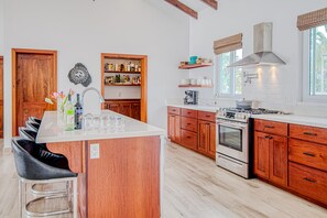 Full-sized fridge, microwave, oven, stovetop