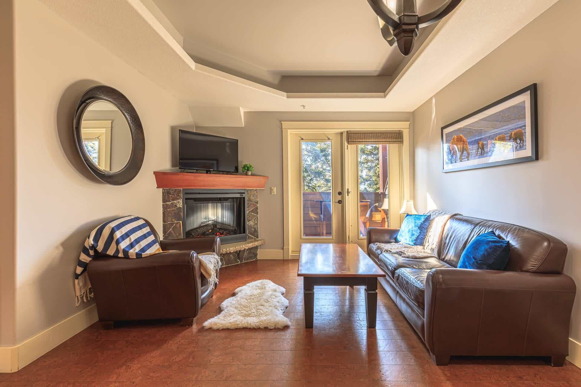 Smart TV, chimenea y libros 