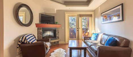 Smart TV, fireplace, books