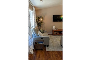 A living room with a sofa, a television, a plant, and a wooden floor.