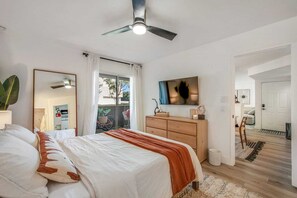 1 bedroom, desk, iron/ironing board, travel cot