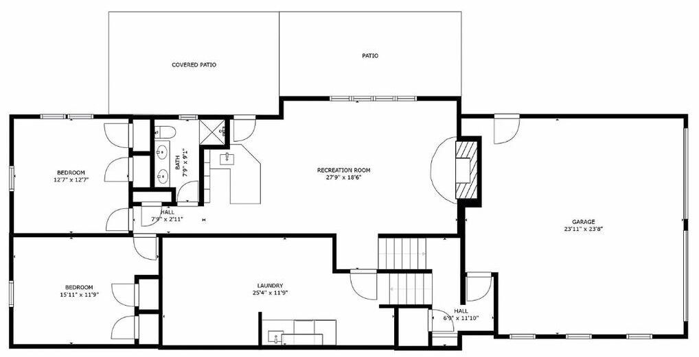 Ein Grundriss mit überdachter Terrasse, zwei Schlafzimmern, einem Freizeitraum, einer Waschküche, einer Diele und einer Garage.
