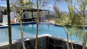 Uma área de piscina com muro de pedra, palmeiras e um espelho d'água.