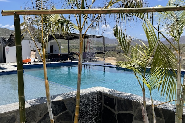 Una piscina al aire libre, sombrillas, sillones reclinables de piscina