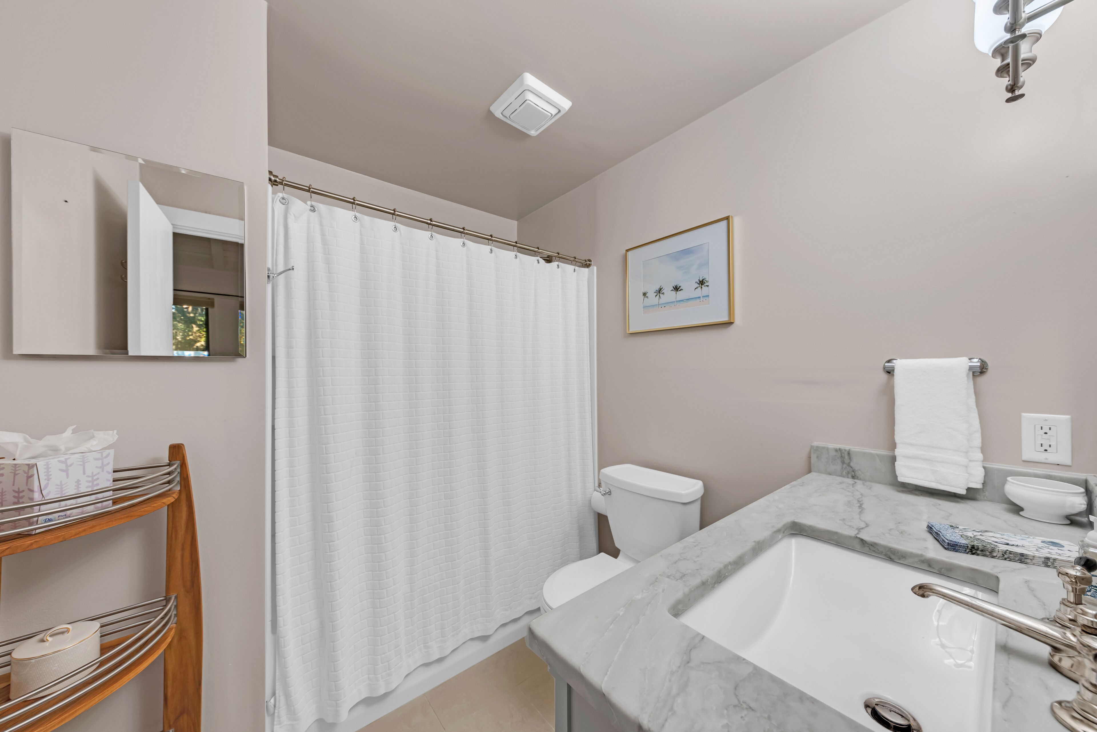 A bathroom with a white shower curtain, a toilet, a marble sink, a mirror, a shelf with toiletries, and a framed picture on the wall.