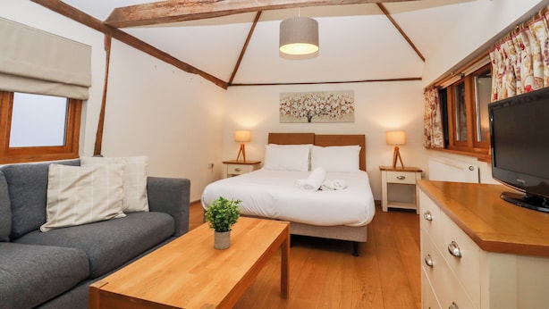 Un dormitorio acogedor con cama, lámparas de noche, televisor, sofá y una mesa de centro de madera.