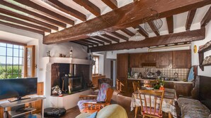 A cozy living room with a fireplace, a television, and a dining area with wooden furniture. - Pet friendly home in Monchio delle Olle (Monchio delle Olle)