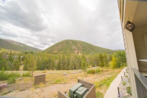 A balcony with a view of a forested mountain, a wooden deck, and a building facade. - Pines 2089 (Keystone)