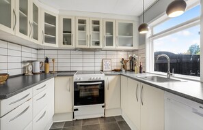 Fridge, stovetop, dishwasher, coffee/tea maker