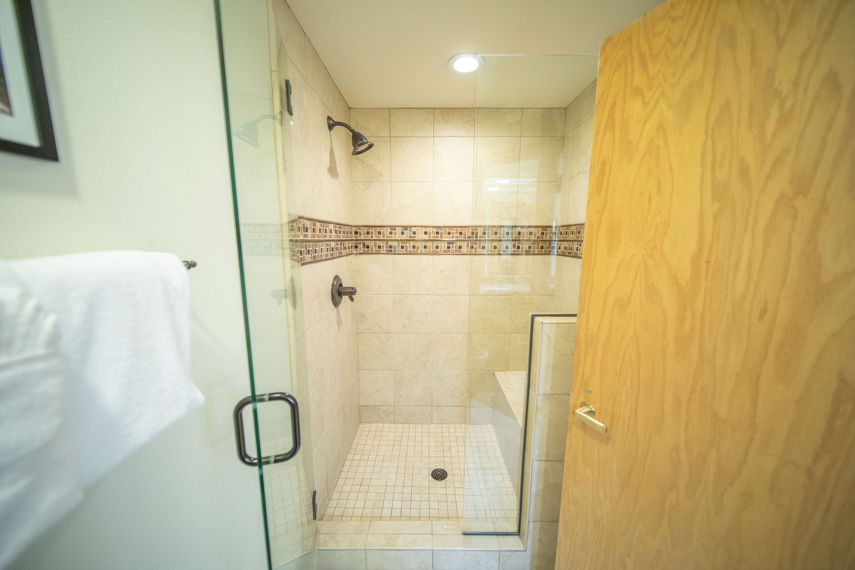 A glass-enclosed shower area with a tiled floor and a wooden door.