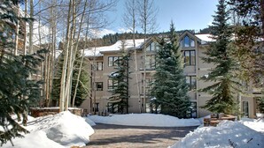 A multi-story building with a snow-covered roof, surrounded by snow and evergreen trees. - Chateaux Dumont 2717 (Keystone)