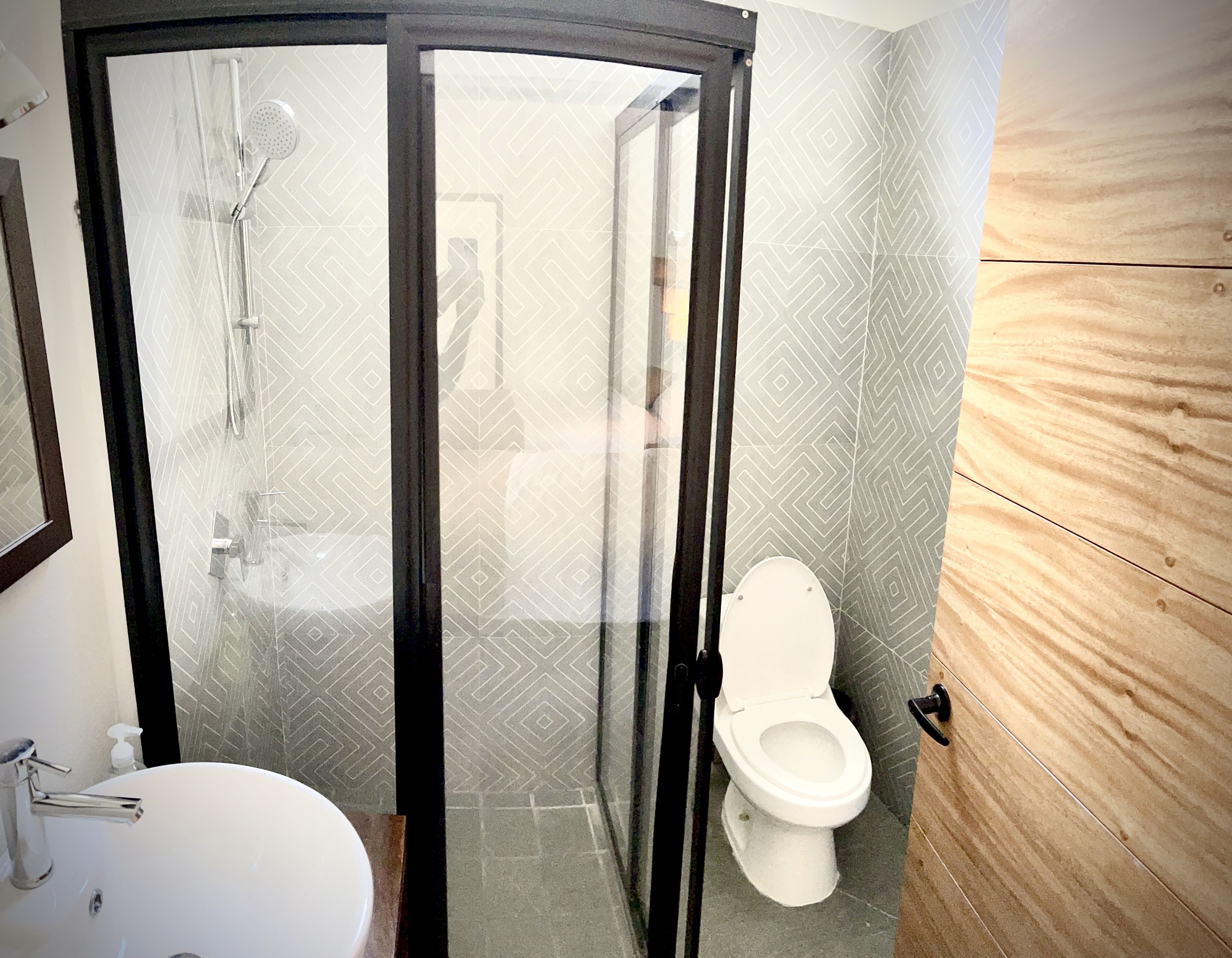 Un baño moderno con ducha envuelta en vidrio, inodoro blanco y lavamanos.