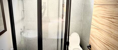 Un baño moderno con ducha envuelta en vidrio, inodoro blanco y lavamanos.