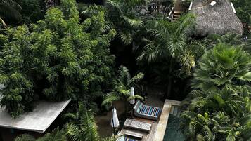 Um resort com estruturas de telhado de palha, área de piscina com espreguiçadeiras e vegetação tropical exuberante.