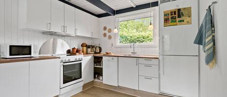 Fridge, stovetop, dishwasher, coffee/tea maker