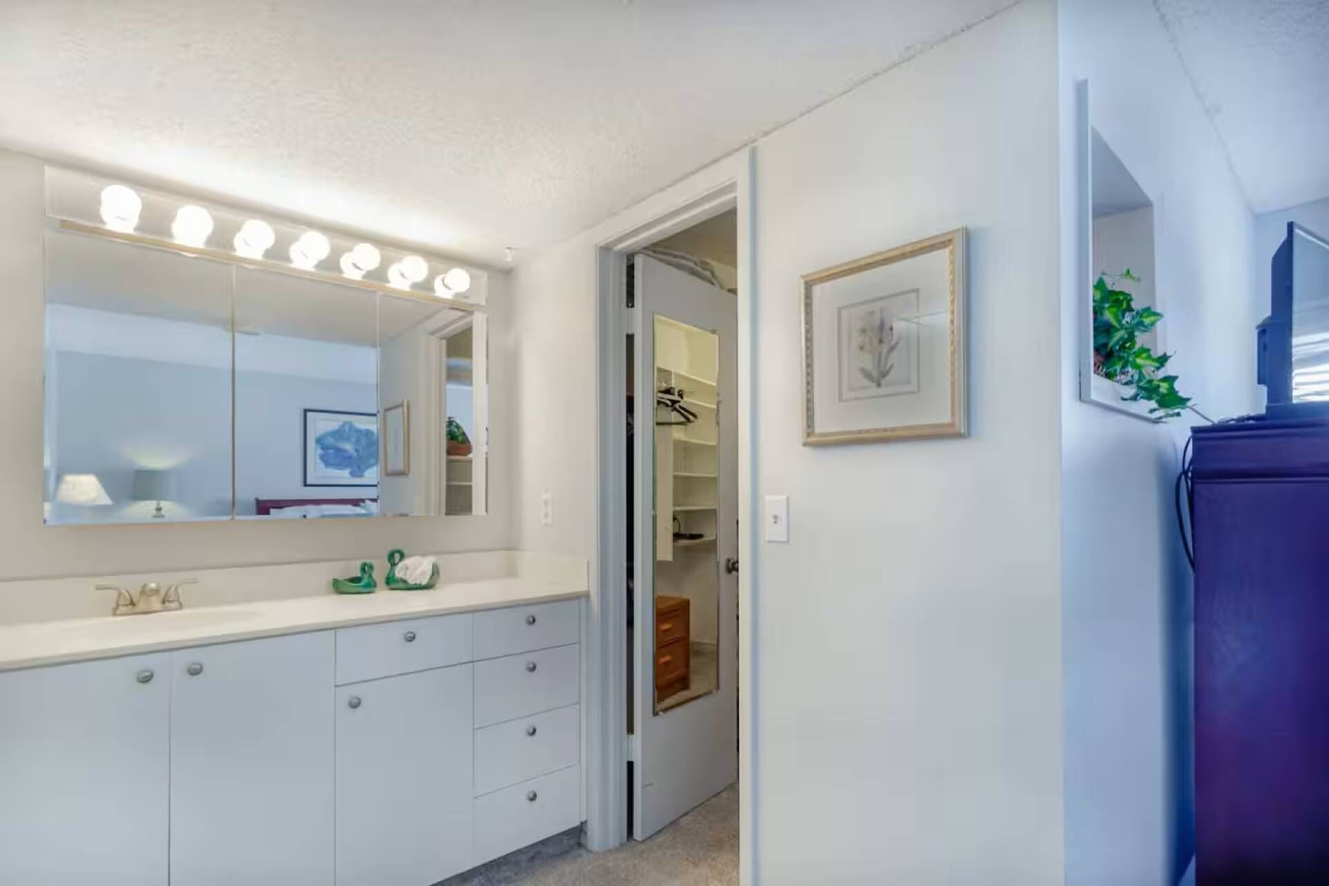 A bathroom with a large mirror, vanity, and a walk-in closet.