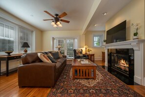 TV, fireplace, books