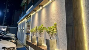 Une vue de l’extérieur d’un bâtiment la nuit, avec des lumières verticales illuminées, une rangée de plantes en pot et des voitures garées.