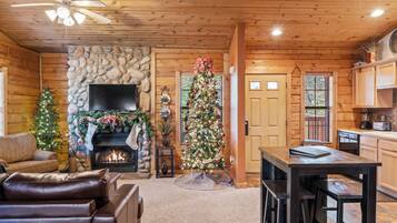 Een smart-tv, een open haard en een dvd-speler