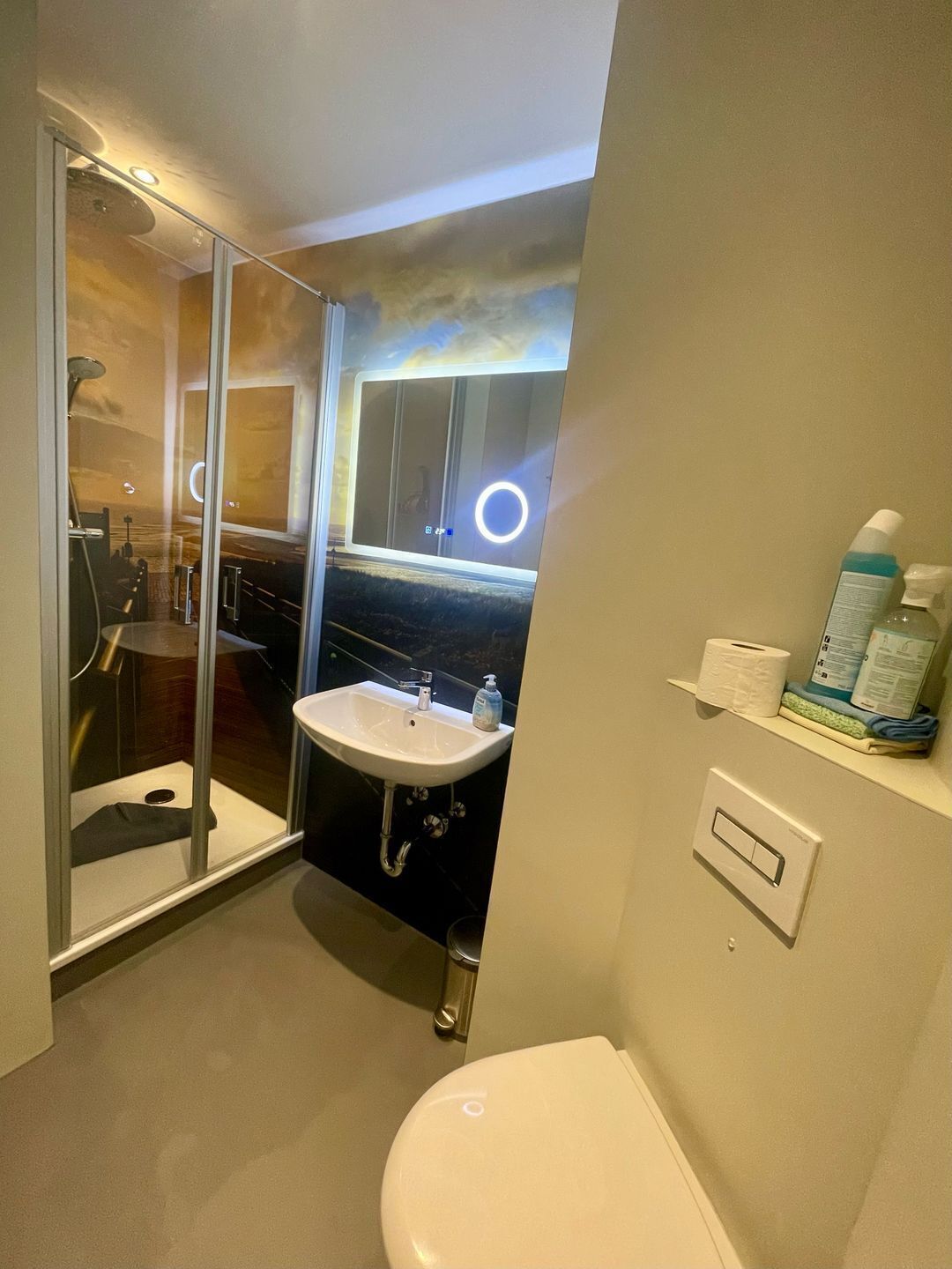 A modern bathroom with a glass shower enclosure, a sink, and a toilet.