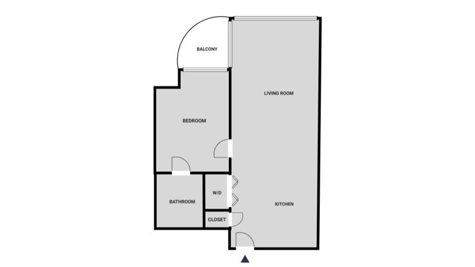 Een plattegrond met een slaapkamer, balkon, woonkamer, badkamer, keuken en inloopkast.