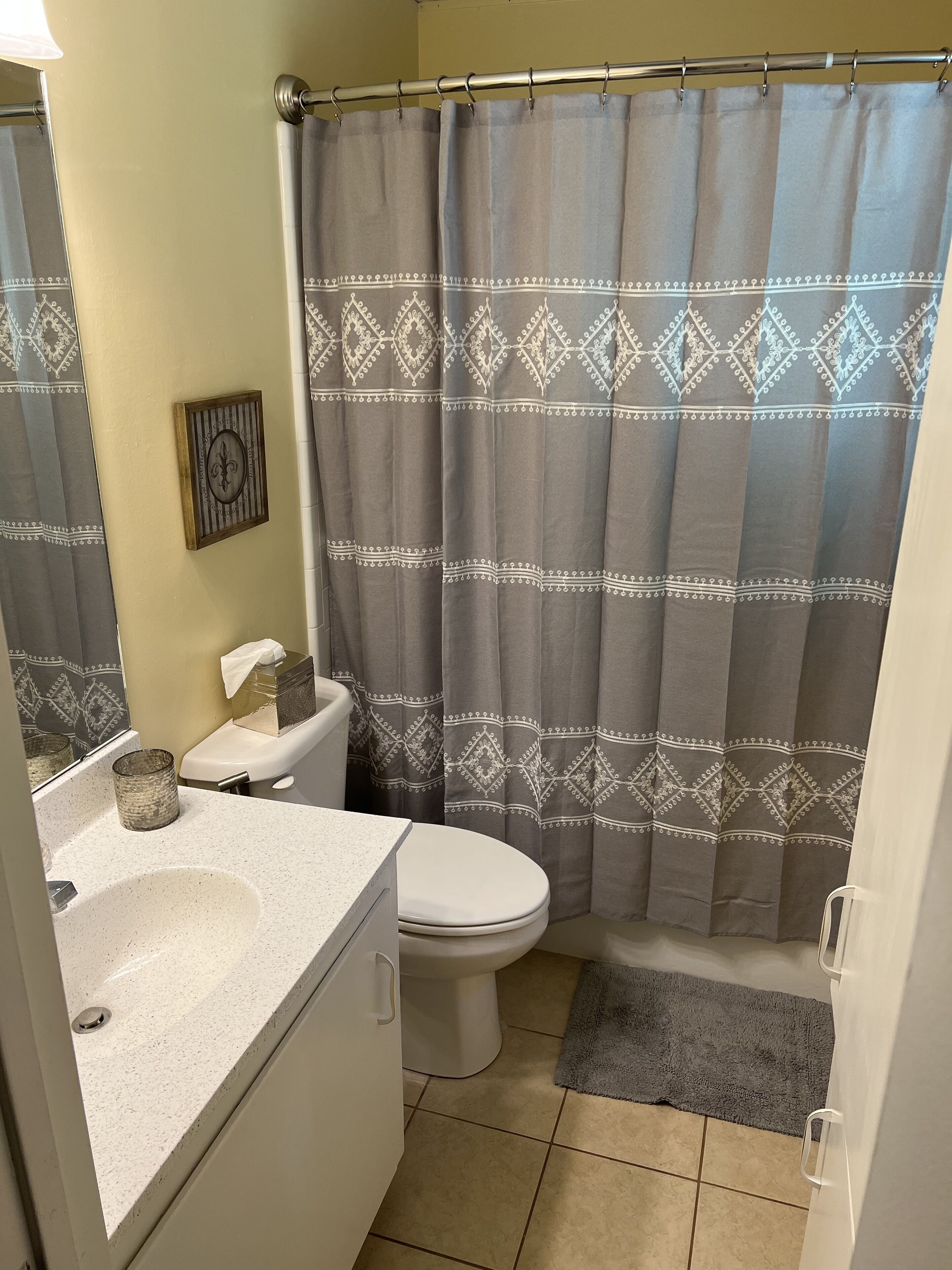 Ein Badezimmer mit Toilette, Waschbecken und Duschvorhang.