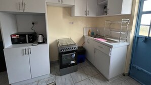 A compact kitchen with a gas stove, a microwave, and a sink.
