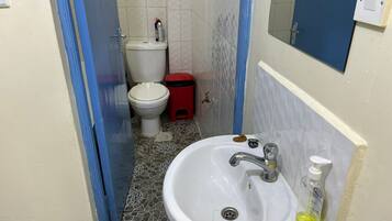 Een bad/douchecombinatie, een haardroger, handdoeken