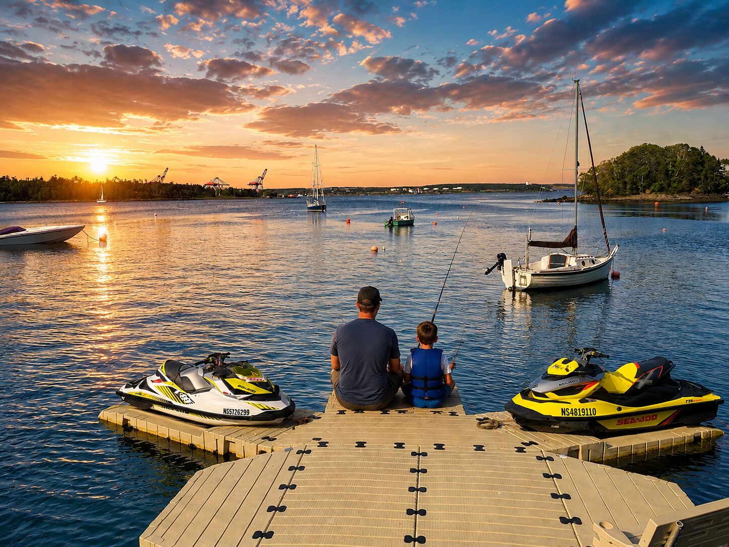 Een houten steiger met twee jetski's, een rustig wateroppervlak en een ondergaande zon op de achtergrond.