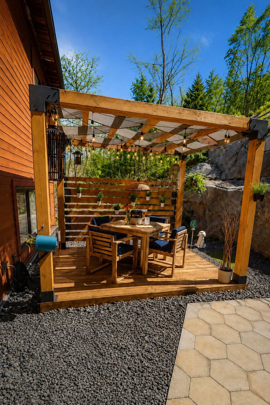 An outdoor wooden pergola with a table and chairs, surrounded by greenery and rocks.