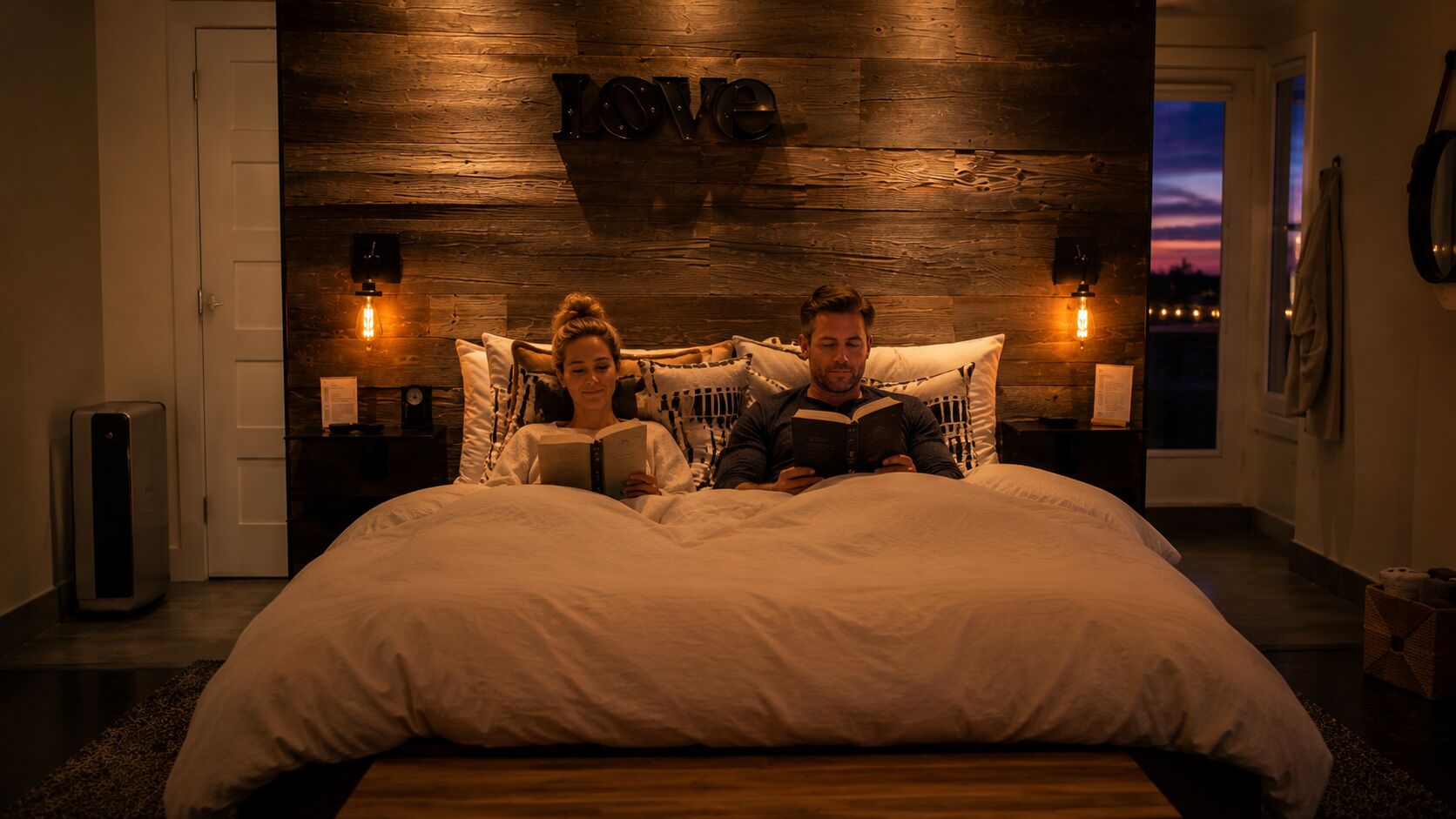 A bedroom with a large bed, a wooden wall with the word 'LOVE' above it, and two bedside lamps.