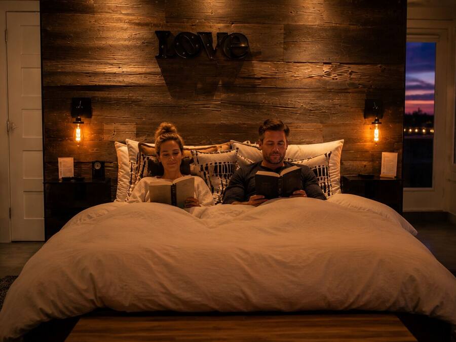 A bedroom with a large bed, a wooden wall with the word 'LOVE' above it, and two bedside lamps.