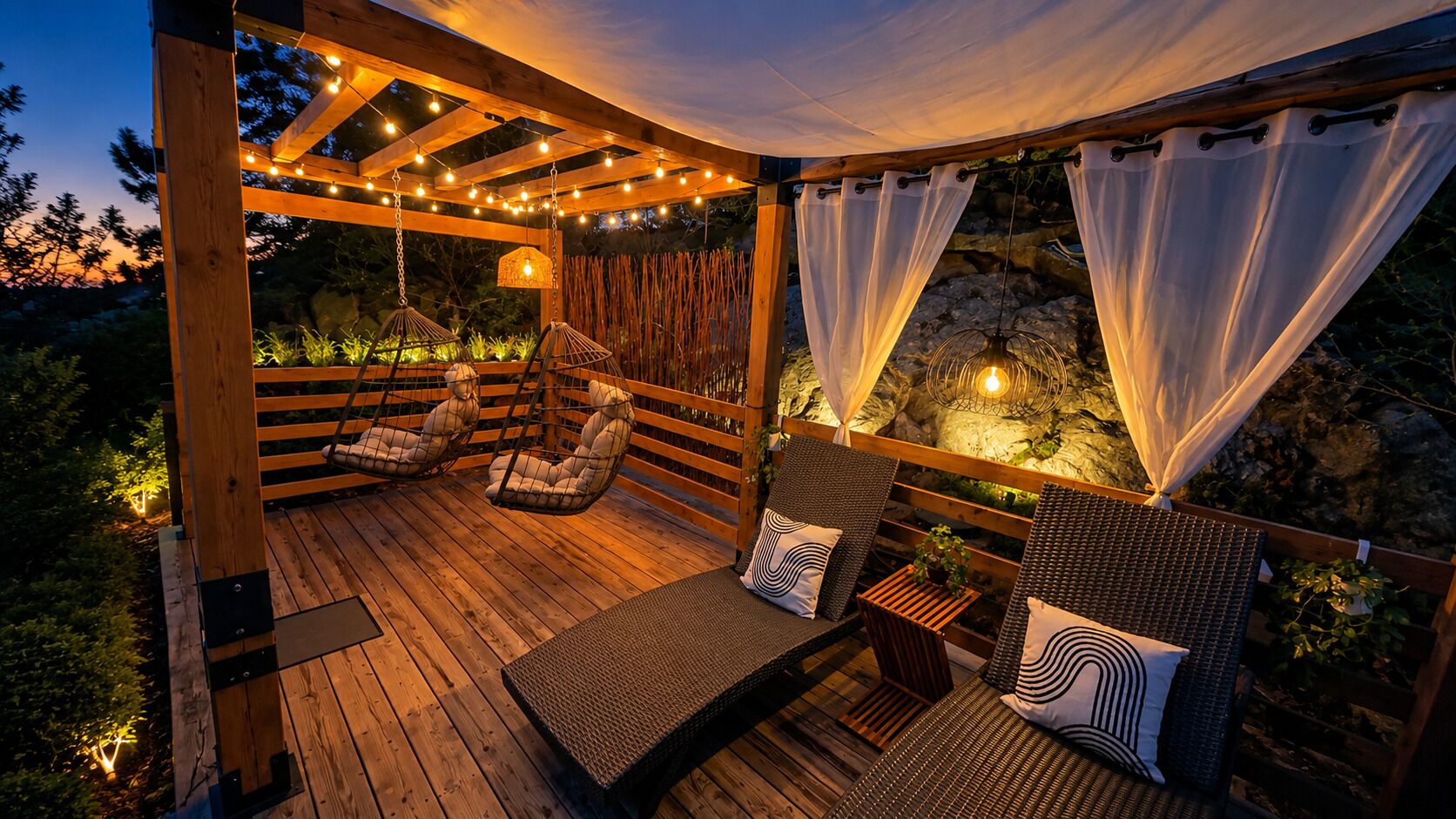 An outdoor deck with wooden flooring, hanging chairs, and string lights.