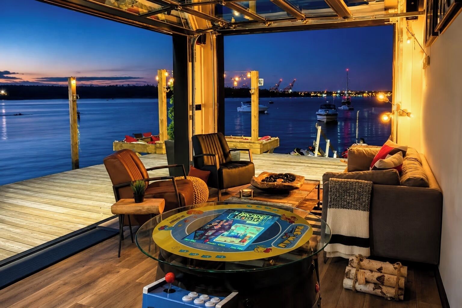 Un espace terrasse accueillant avec vue sur l’eau, une table ronde pour jouer et des sièges confortables.