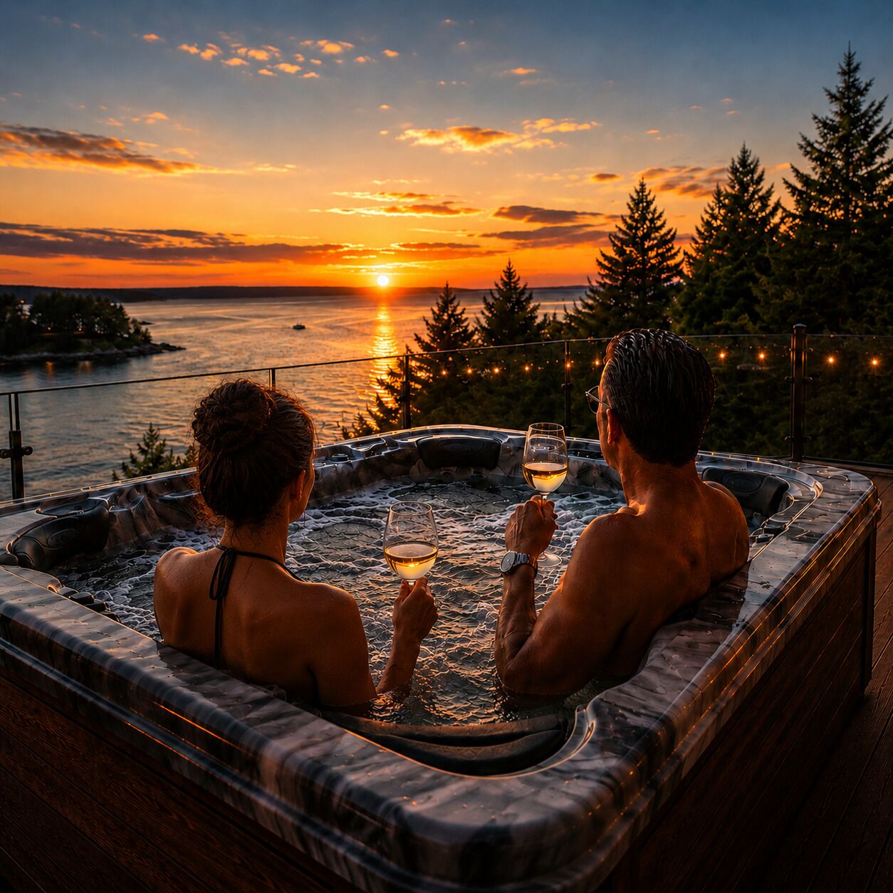 Two individuals in a hot tub with a sunset view over a body of water.