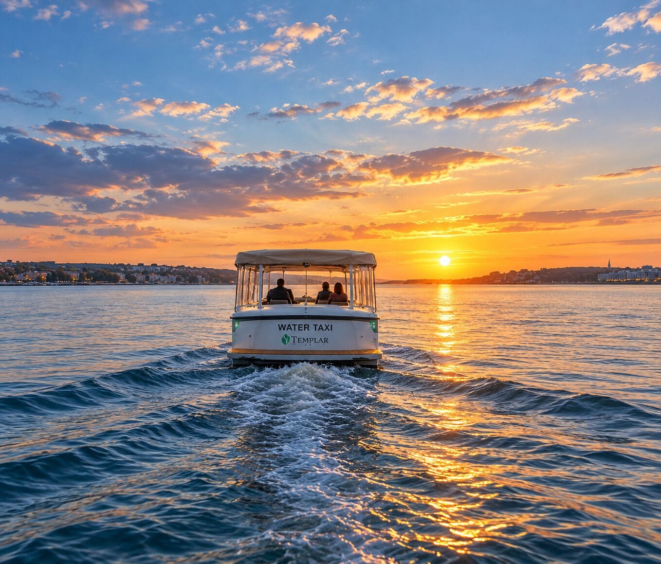 Een watertaxi vaart over het water, met een zonsondergang op de achtergrond.