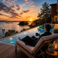 A person relaxing on a deck chair by a pool with a sunset view.