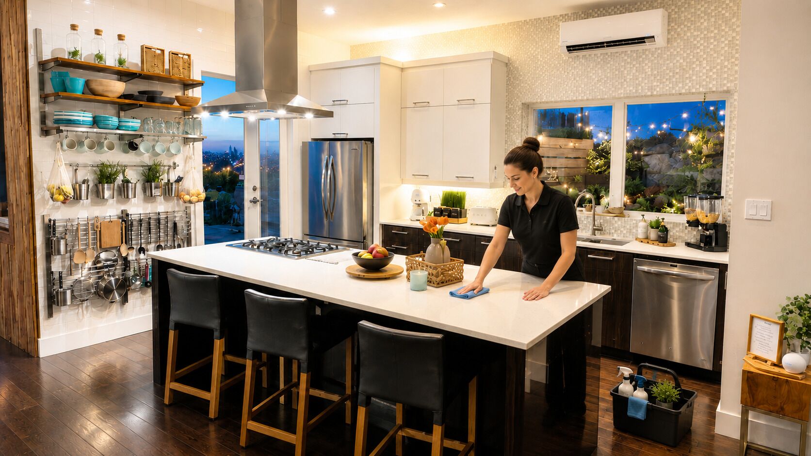 A modern kitchen with a central island, stainless steel appliances, and a view of the city at dusk.