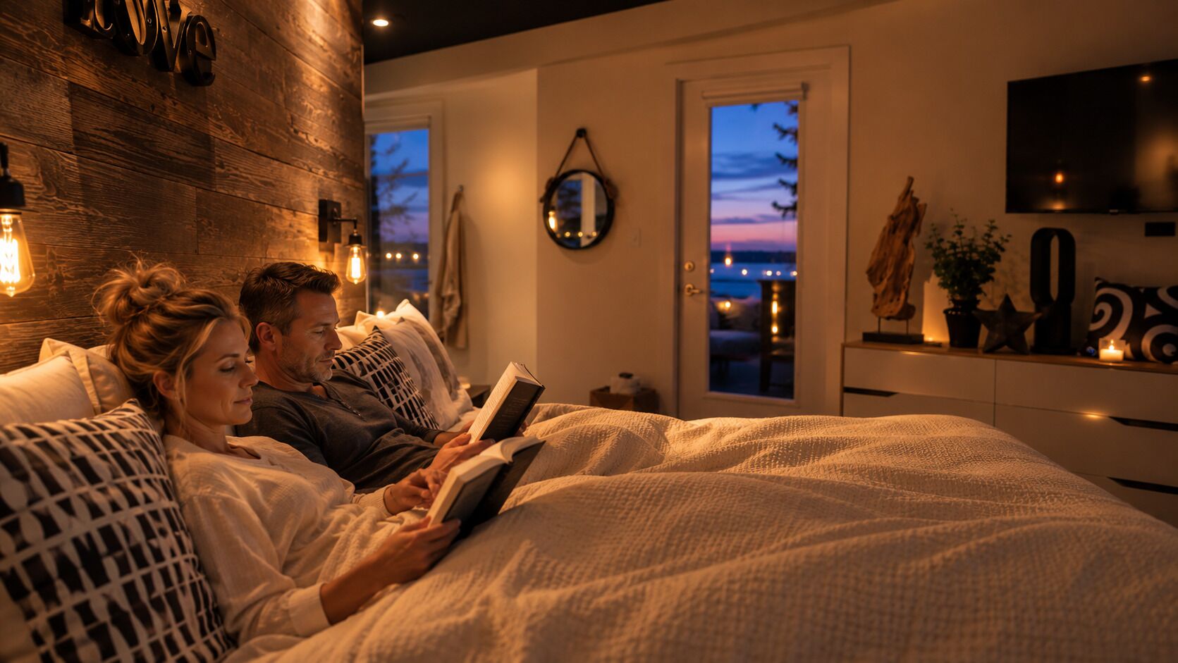 A couple lying in bed reading a book in a room with a wooden wall, a TV, and a view of the sky.