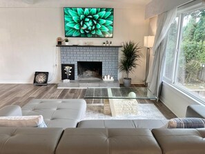 TV, fireplace, table football