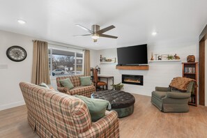 Smart TV, fireplace, DVD player, books