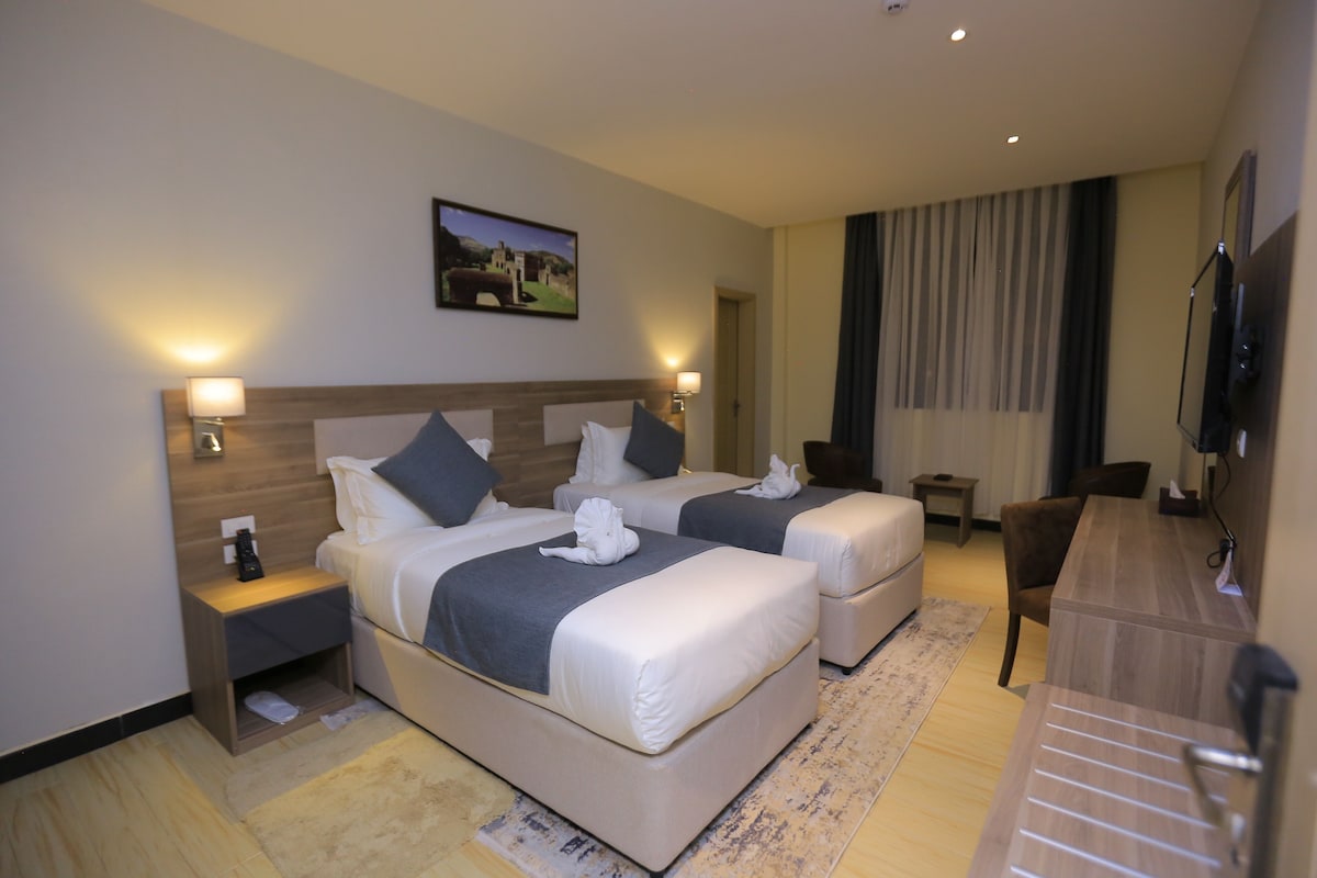 Habitación de hotel con dos camas, un escritorio, una silla, un televisor y un cuadro en la pared.