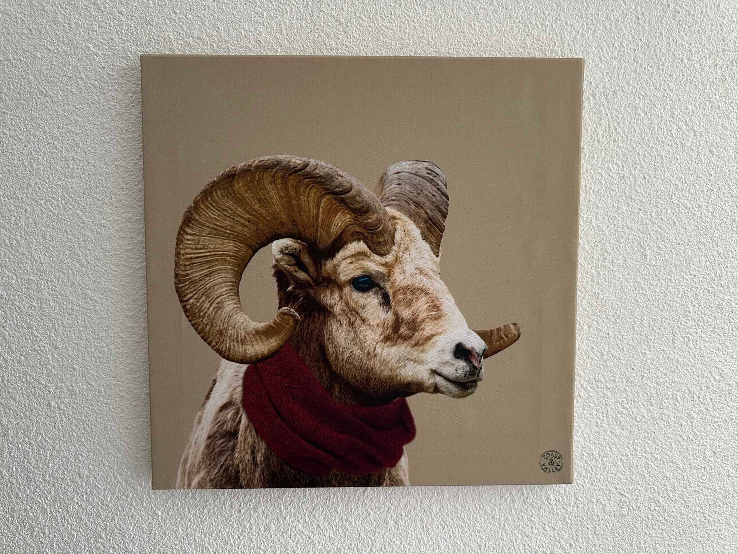 Ein Gemälde eines Ramms mit großen Hörnern.
