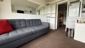 A compact living space with a grey sofa, a red cushion, a white cabinet, and a small trash bin. - Comfortable studio with balcony, pets allowed, near slopes (Tignes)