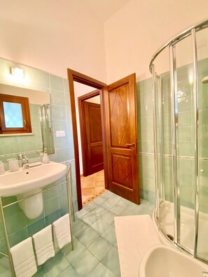 Ducha, secador de pelo, toallas, jabón
