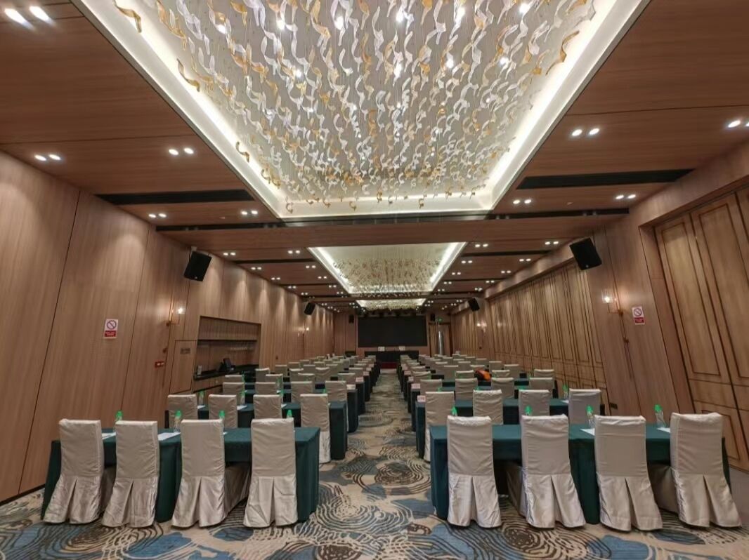 A conference room with rows of tables and chairs, a patterned carpet, and a decorative ceiling.